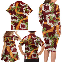 Aloha Festive Hawaii Family Matching Long Sleeve Bodycon Dress and Hawaiian Shirt Mokihana - Maile and Ilima on Crimson LT7 - Polynesian Pride
