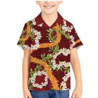 Aloha Festive Hawaii Family Matching Mermaid Dress and Hawaiian Shirt Mokihana - Maile and Ilima on Crimson LT7 Son's Shirt Crimson - Polynesian Pride
