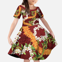 Aloha Festive Hawaii Family Matching Off The Shoulder Long Sleeve Dress and Hawaiian Shirt Mokihana - Maile and Ilima on Crimson LT7 Daughter's Dress Crimson - Polynesian Pride