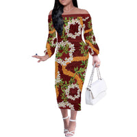 Aloha Festive Hawaii Family Matching Off The Shoulder Long Sleeve Dress and Hawaiian Shirt Mokihana - Maile and Ilima on Crimson LT7 Mom's Dress Crimson - Polynesian Pride