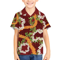 Aloha Festive Hawaii Family Matching Short Sleeve Bodycon Dress and Hawaiian Shirt Mokihana - Maile and Ilima on Crimson LT7 Son's Shirt Crimson - Polynesian Pride