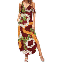 Aloha Festive Hawaii Family Matching Summer Maxi Dress and Hawaiian Shirt Mokihana - Maile and Ilima on Crimson LT7 Mom's Dress Crimson - Polynesian Pride