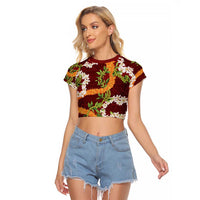 Aloha Festive Hawaii Raglan Cropped T Shirt Mokihana - Maile and Ilima on Crimson - Polynesian Pride