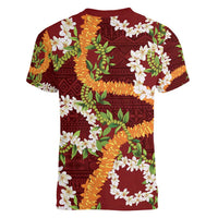 Aloha Festive Hawaii Women V-Neck T-Shirt Mokihana - Maile and Ilima on Crimson - Polynesian Pride