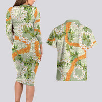 Aloha Festive Hawaii Couples Matching Long Sleeve Bodycon Dress and Hawaiian Shirt Mokihana - Maile Leis in Muted Summer LT7 - Polynesian Pride