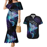 Polynesian Tala Manta Ray Couples Matching Mermaid Dress and Hawaiian Shirt Nowhere You Could Go That I Won't Be With You LT7 Purple Teal - Polynesian Pride