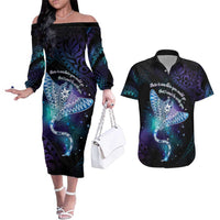 Polynesian Tala Manta Ray Couples Matching Off The Shoulder Long Sleeve Dress and Hawaiian Shirt Nowhere You Could Go That I Won't Be With You LT7 Purple Teal - Polynesian Pride