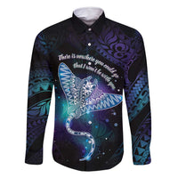 Polynesian Tala Manta Ray Family Matching Mermaid Dress and Hawaiian Shirt Nowhere You Could Go That I Won't Be With You LT7 Dad's Shirt - Long Sleeve Purple Teal - Polynesian Pride