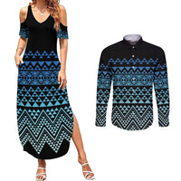 Maori Niho Taniwha Te Wheiao Couples Matching Summer Maxi Dress and Long Sleeve Button Shirt Moana Blue - Polynesian Pride