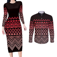 Maori Niho Taniwha Te Wheiao Couples Matching Long Sleeve Bodycon Dress and Long Sleeve Button Shirt Terracotta - Polynesian Pride