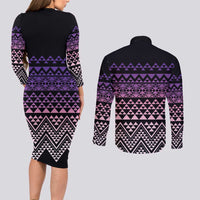 Maori Niho Taniwha Te Wheiao Couples Matching Long Sleeve Bodycon Dress and Long Sleeve Button Shirt Waiporoporo - Polynesian Pride