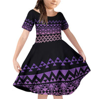 Maori Niho Taniwha Te Wheiao Family Matching Off Shoulder Short Dress and Hawaiian Shirt Waiporoporo LT7 Daughter's Dress Purple - Polynesian Pride