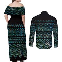 Maori Niho Taniwha Te Wheiao Couples Matching Off Shoulder Maxi Dress and Long Sleeve Button Shirt Paua Shell - Polynesian Pride