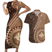 Papua New Guinea Oro Tapa Motif Couples Matching Short Sleeve Bodycon Dress and Hawaiian Shirt Classic LT7 Brown - Polynesian Pride
