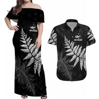 New Zealand Lawn Bowls Personalized Couples Matching Off Shoulder Maxi Dress and Hawaiian Shirt Wrap-Around Silver Fern - Polynesian Pride
