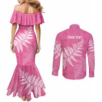 New Zealand Lawn Bowls Breast Cancer Personalized Couples Matching Mermaid Dress and Long Sleeve Button Shirt Wrap-Around Silver Fern - Polynesian Pride