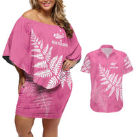 New Zealand Lawn Bowls Breast Cancer Personalized Couples Matching Off Shoulder Short Dress and Hawaiian Shirt Wrap-Around Silver Fern LT7 Pink - Polynesian Pride