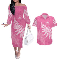 New Zealand Lawn Bowls Breast Cancer Personalized Couples Matching Off The Shoulder Long Sleeve Dress and Hawaiian Shirt Wrap-Around Silver Fern LT7 Pink - Polynesian Pride