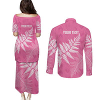 New Zealand Lawn Bowls Breast Cancer Personalized Couples Matching Puletasi and Long Sleeve Button Shirt Wrap-Around Silver Fern - Polynesian Pride