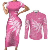 New Zealand Lawn Bowls Breast Cancer Personalized Couples Matching Short Sleeve Bodycon Dress and Long Sleeve Button Shirt Wrap-Around Silver Fern LT7 Pink - Polynesian Pride
