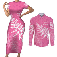 New Zealand Lawn Bowls Breast Cancer Personalized Couples Matching Short Sleeve Bodycon Dress and Long Sleeve Button Shirt Wrap-Around Silver Fern - Polynesian Pride