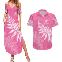 New Zealand Lawn Bowls Breast Cancer Personalized Couples Matching Summer Maxi Dress and Hawaiian Shirt Wrap-Around Silver Fern - Polynesian Pride