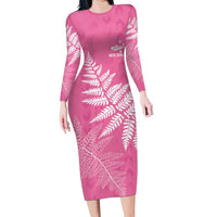 New Zealand Lawn Bowls Breast Cancer Personalized Family Matching Long Sleeve Bodycon Dress and Hawaiian Shirt Wrap-Around Silver Fern LT7 Mom's Dress Pink - Polynesian Pride