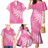 New Zealand Lawn Bowls Breast Cancer Personalized Family Matching Mermaid Dress and Hawaiian Shirt Wrap-Around Silver Fern LT7 - Polynesian Pride