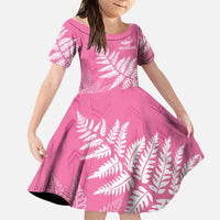 New Zealand Lawn Bowls Breast Cancer Personalized Family Matching Off The Shoulder Long Sleeve Dress and Hawaiian Shirt Wrap-Around Silver Fern LT7 Daughter's Dress Pink - Polynesian Pride