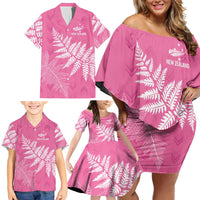 New Zealand Lawn Bowls Breast Cancer Personalized Family Matching Off Shoulder Short Dress and Hawaiian Shirt Wrap-Around Silver Fern LT7 - Polynesian Pride