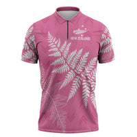 New Zealand Lawn Bowls Breast Cancer Personalized Zipper Polo Shirt Wrap-Around Silver Fern - Polynesian Pride