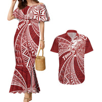 Tonga Independence Day Couples Matching Mermaid Dress and Hawaiian Shirt Tongatapu Lion Ngatu Motifs LT7 Red - Polynesian Pride