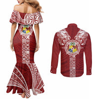 Tonga Independence Day Couples Matching Mermaid Dress and Long Sleeve Button Shirt Tongatapu Lion Ngatu Motifs LT7 - Polynesian Pride