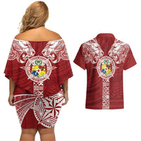 Tonga Independence Day Couples Matching Off Shoulder Short Dress and Hawaiian Shirt Tongatapu Lion Ngatu Motifs LT7 - Polynesian Pride
