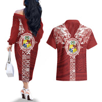Tonga Independence Day Couples Matching Off The Shoulder Long Sleeve Dress and Hawaiian Shirt Tongatapu Lion Ngatu Motifs