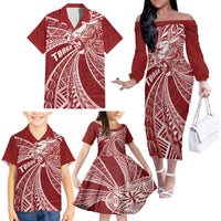 Tonga Independence Day Family Matching Off The Shoulder Long Sleeve Dress and Hawaiian Shirt Tongatapu Lion Ngatu Motifs LT7 - Polynesian Pride