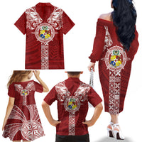 Tonga Independence Day Family Matching Off The Shoulder Long Sleeve Dress and Hawaiian Shirt Tongatapu Lion Ngatu Motifs LT7 - Polynesian Pride