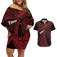 Tonga Independence Day Couples Matching Off Shoulder Short Dress and Hawaiian Shirt Tongatapu Lion Ngatu Motifs Black Ver. LT7 Black - Polynesian Pride