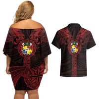 Tonga Independence Day Couples Matching Off Shoulder Short Dress and Hawaiian Shirt Tongatapu Lion Ngatu Motifs Black Ver. LT7 - Polynesian Pride