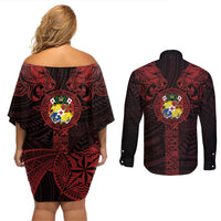 Tonga Independence Day Couples Matching Off Shoulder Short Dress and Long Sleeve Button Shirt Tongatapu Lion Ngatu Motifs Black Ver. LT7 - Polynesian Pride