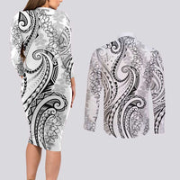 Polynesia Plumeria Lei Couples Matching Long Sleeve Bodycon Dress and Long Sleeve Button Shirt White Curves Motif