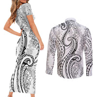 Polynesia Plumeria Lei Couples Matching Short Sleeve Bodycon Dress and Long Sleeve Button Shirt White Curves Motif