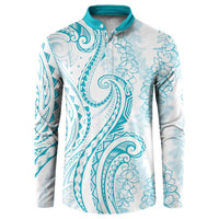 Polynesia Plumeria Lei Button Sweatshirt White Turquoise Curves Motif