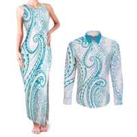 Polynesia Plumeria Lei Couples Matching Tank Maxi Dress and Long Sleeve Button Shirt White Turquoise Curves Motif