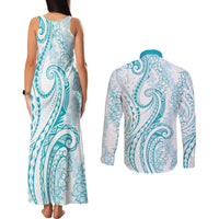 Polynesia Plumeria Lei Couples Matching Tank Maxi Dress and Long Sleeve Button Shirt White Turquoise Curves Motif