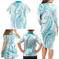 Polynesia Plumeria Lei Family Matching Long Sleeve Bodycon Dress and Hawaiian Shirt White Turquoise Curves Motif LT7 - Polynesian Pride