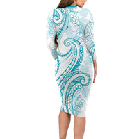 Polynesia Plumeria Lei Family Matching Long Sleeve Bodycon Dress and Hawaiian Shirt White Turquoise Curves Motif LT7 - Polynesian Pride