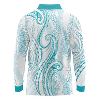Polynesia Plumeria Lei Long Sleeve Polo Shirt White Turquoise Curves Motif