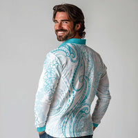 Polynesia Plumeria Lei Long Sleeve Polo Shirt White Turquoise Curves Motif