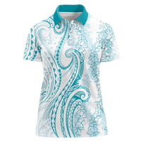 Polynesia Plumeria Lei Women Polo Shirt White Turquoise Curves Motif LT7 Female Turquoise - Polynesian Pride